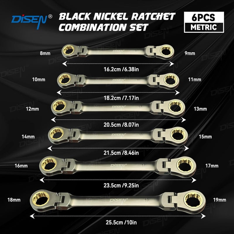 DISEN 6PCS 90 Teeth Ratcheting Wrench Set Double Box End Flex Head with Gray Nickel Coated Ratchet Wrench Set with Organizer, 12 Point 4° Swing Arc, CR-V Steel, for Home Daily Use, Gift for Man - Image 5